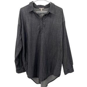 EILEEN FISHER Charcoal Gray Chambray Tencel Cotton Button Up Tunic Shirt Top L G